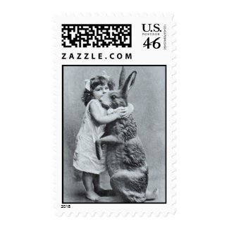 Antique Post Card Easter Girl Hugs Bunny