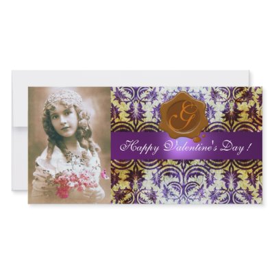 ANTIQUE PURPLE DAMASK BROWN WAX SEAL Monogram Customized Photo Card by bulgan_lumini