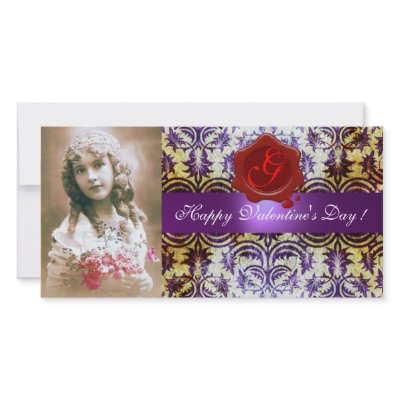 ANTIQUE PURPLE DAMASK RED WAX SEAL Monogram Photo Greeting Card by bulgan_lumini