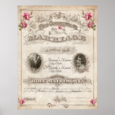 Antique Roses Vintage Marriage Certificate Poster