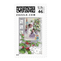 Antique Santa in Purple Coat with Xmas Tree Postage