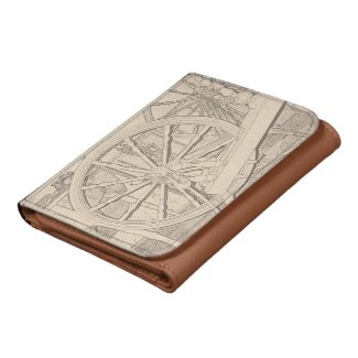 A purse featuring a vintage spinning wheel of a bygone age. The design shows the outline sketch of the wheel once used to spin yarn from natural fibres such as wool. The wheel is turned by foot using a treadle.