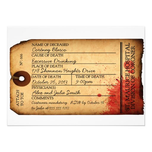 Antique Toe Tag Invitation - Morgue - Halloween (front side)