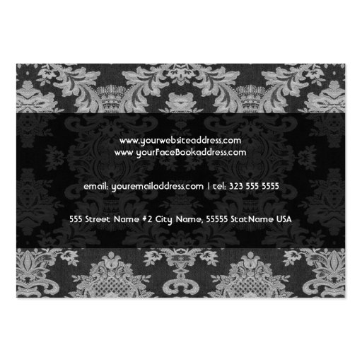 Antique White & Gray Traditional Floral Lace Business Card Templates (back side)