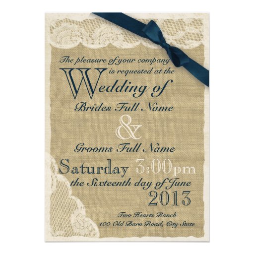 Antique White Lace Country Wedding Navy Personalized Invitation