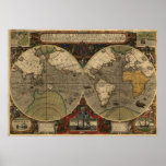 Antique World Map, 1595 (Jodocus Hondius) Poster