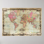 Antique World Map by John Colton, circa 1854 Posters