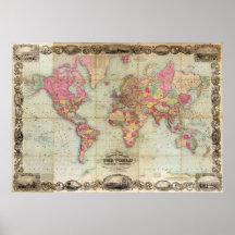 Antique World Map by John Colton, circa 1854 Posters
