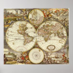 Antique World Map, c. 1680. By Frederick de Wit Poster