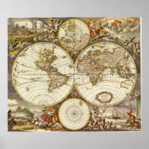 Antique World Map, c. 1680. By Frederick de Wit Poster