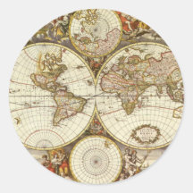Antique World Map, c. 1680. By Frederick de Wit Round Stickers