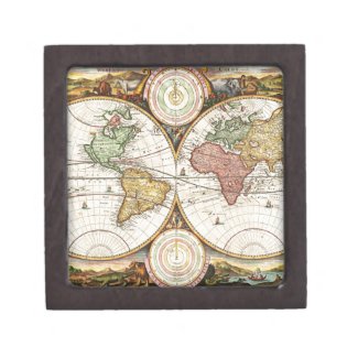 Antique World Map Two Hemispheres Rare Vintage Art Premium Keepsake Box