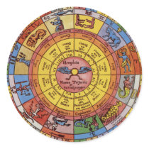 Antique Zodiac Wheel, Vintage Celestial Astrology Round Stickers