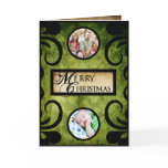 Antiqued Green Merry Christmas Fluer Photo Card