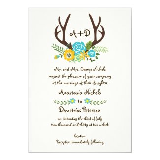 Antlers and aqua flowers monogram woodland wedding