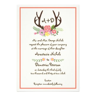 Antlers & coral flowers monogram woodland wedding