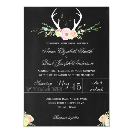 Antlers floral chalkboard wedding invitation custom invitations