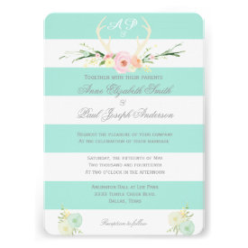 Antlers Floral green and white stripes invitations Invitation