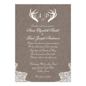 Antlers Rustic Wedding Invitation Fabric and Lace Announcements