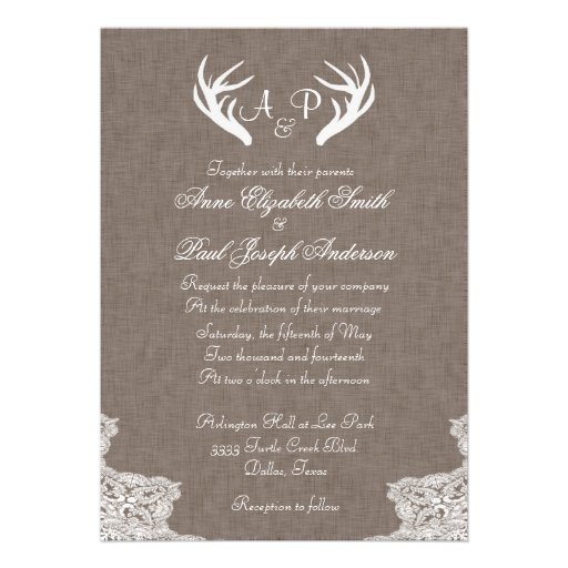 Antlers Rustic Wedding Invitation Fabric and Lace