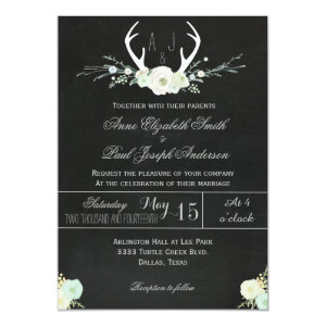 Antlers white floral chalkboard wedding invitation 5