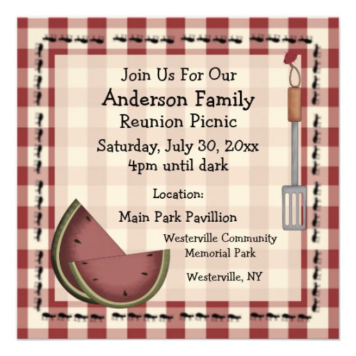 Ants and Watermelon Summer Picnic Invitation (front side)