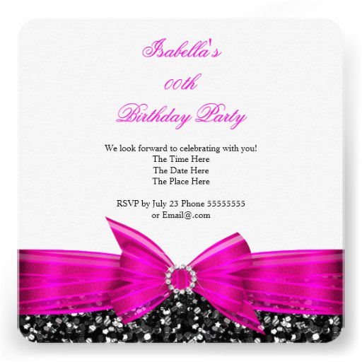 Any Age Luxury Glitter Hot Pink Bow Black White Invite