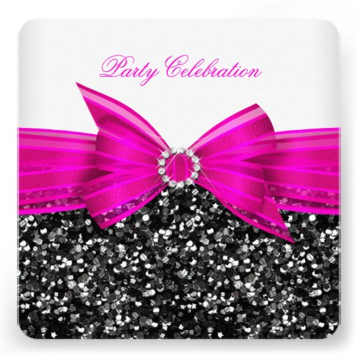 Any Age Luxury Glitter Hot Pink Bow Black White Invite