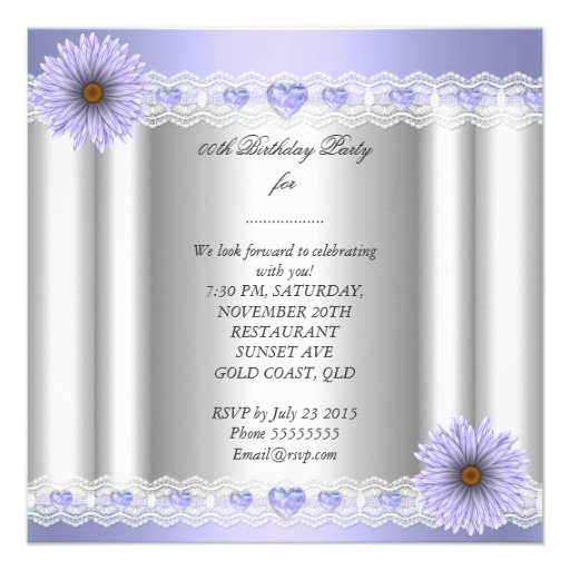 Any Age Pretty Silver Lilac Birthday Party Flower Custom Invitations