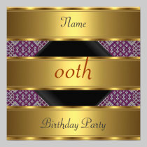 Any birthday Party Gold Black damask invitations