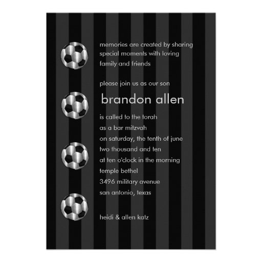 Any Color Stripe Bar Mitzvah Silver Soccer Balls Personalized Invitations