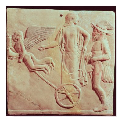 Aphrodite and Hermes riding on a chariot by bridgemanart