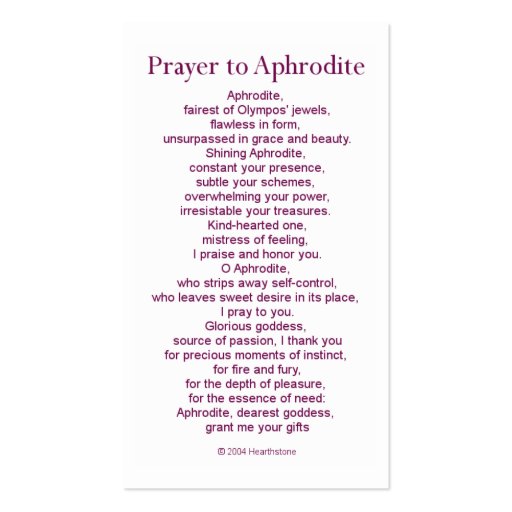 Aphrodite Prayer Card DoubleSided Standard Business Cards (Pack Of 100) Zazzle