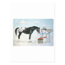 Appaloosa horse with snowman, rectangular post cards