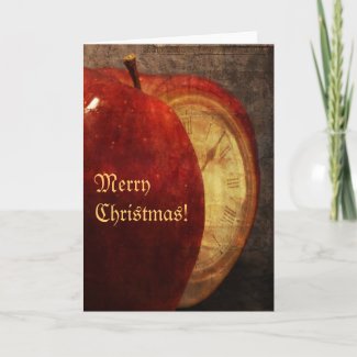 Apple and Clock Merry Christmas greeting card