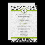Apple Green Black Bubble Bee Damask Wedding Invite