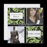 Apple Green & Black Damask  Graduation Invitation