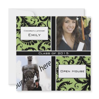 Apple Green & Black Damask Graduation Invitation invitation