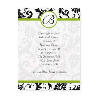Apple Green & Black Damask Swirls Rehearsal Dinner postcard