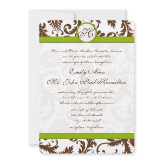 Apple Green & Brown Damask Wedding Invitation invitation