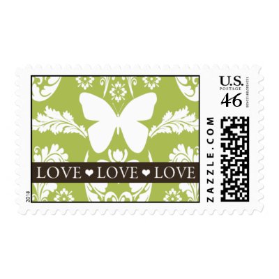 Apple Green Butterfly Damask Love Stamp by OccasionInvitations