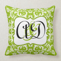 Apple Green Damask Black Monogram Bride's Pillow