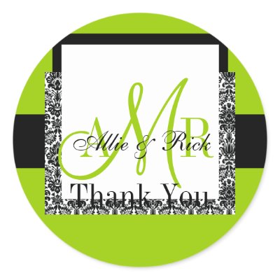 Apple Green Damask Wedding Monogram Thank You Sticker