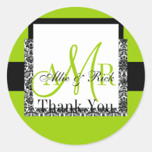 Apple Green Damask Wedding Monogram Thank You Sticker