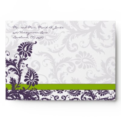 purple and green wedding envelope design