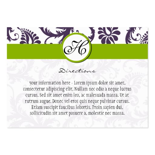 Apple Green Lapis Purple Damask Wedding Info Cards Business Card (back side)