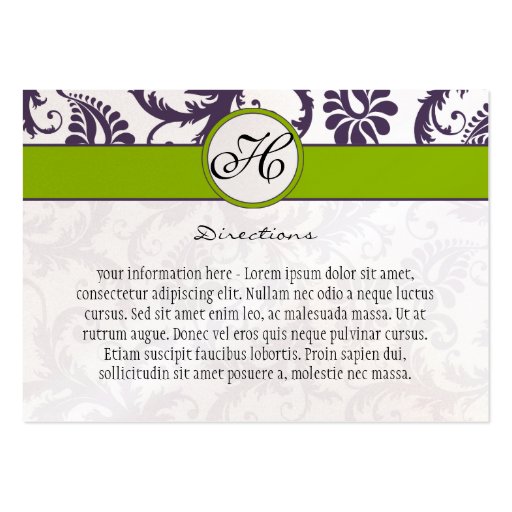 Apple Green Lapis Purple Damask Wedding Info Cards Business Card (back side)