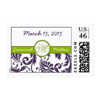 Apple Green & Lapis Purple Damask Wedding Stamp stamp