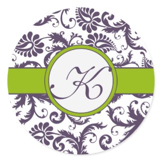 Apple Green & Lapis Purple Damask Wedding Stickers sticker