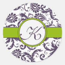 Apple Green & Lapis Purple Damask Wedding Stickers